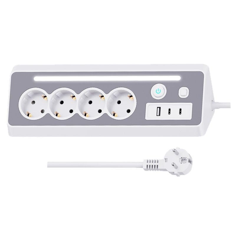 Regleta esquinera con LED, 4 enchufes de esquina con 3 USB, protección contra sobretensiones 3680 W 16 A, enchufe múltiple de montaje en pared, regleta con 2 interruptores, cable de 1,5 m, color