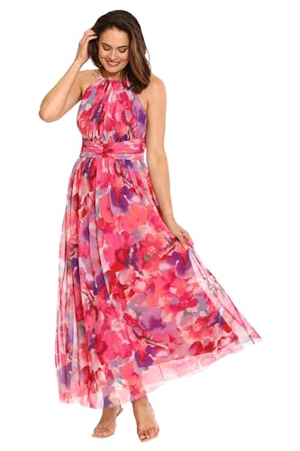 Image of London Times Women's London Times Mesh Halter Maxi Dress with Ruched Waistband Flowy Bohemian Beach Dresses