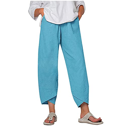 Image of Cotton Linen Capri Pants for Women 2025 Casual Printed Cropped Palazzo Pants Elastic Waist Lounge Baggy Trousers