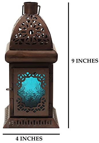 Mandala Craftorious Decorative Antique Brass Finish Vintage Design 9 Inch Hanging Moroccan Lantern & Candle Holder In Blue Glass For Indoor & Outdoor Garden #TOP4