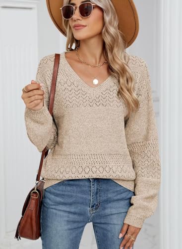 Image of JOCAFIYE Womens Sweaters Casual Long Sleeve V Neck Lightweight Hollow Out Pullover Sweater Tops