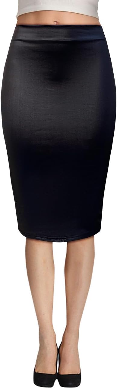 Women's Stretch Satin Pencil Midi Skirt with Double Zipper, High Waist Office Work Business Casual Wear