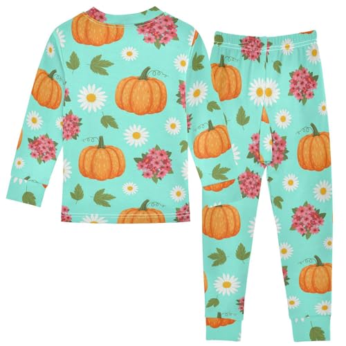 Pajama Sets Long Sleeve Autumn Pumpkin White Flowers Soft Comfy Sleepwear 2 Piece PJS 3-8T3