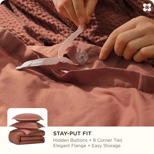 Image of Bedsure Cotton Duvet Cover Queen - 100% Cotton Waffle Weave Burnt Orange Duvet Cover Queen Size, PureWoven Breathable Bedding Set for All Season, 3 Pieces, 90 inchx90 inch
