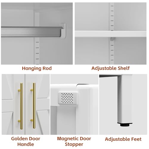 Image of Metal Wardrobe Cabinet with Hanging Rod and Drawers, Metal Armoire Wardrobe Closet with Adjustable Shelf for Home,Installation Required,White