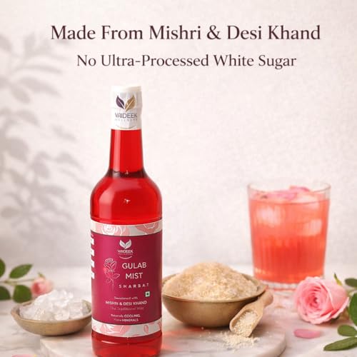 Image of Vaideek Gulab Mist Sharbat 750ml | Rose Syrup Drink with Mishri & Desi Khand | No Refined Sugar Summer Beverage | Citrus Sharbat for Mocktails, Coolers & Refreshing Drinks