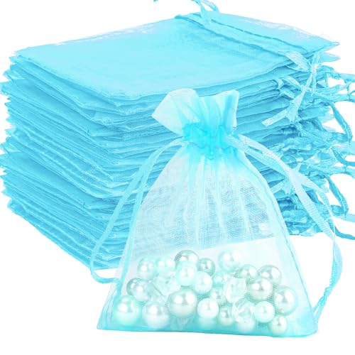 Image of Sheer Organza Bags - 100 Pcs, Small with Drawstring, Jewelry Gift & Wedding Favor Bags, Mini Candy Bags, Lake Blue