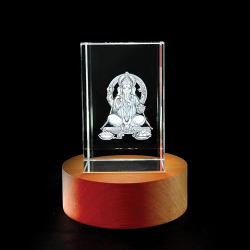 Image of GROB God Idol 3D Crystal Cube with LED Light Base in Festivals, Personalized Gift,Home Decoration, Showpiece for Home(Transparent 50 X 50 X 80 mm) (Ganesh)