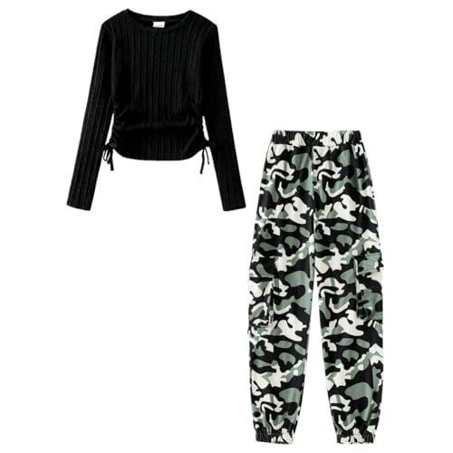 Image of Azmxynol Girls Clothes 2 Piece Outfit Ribbed T-Shirt Top + Cargo Pants, Girls Fall Clothing Set, Sizes 5-16 Years