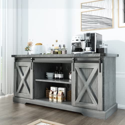 Squireewo Farmhouse Buffet Cabinet Sideboard With Sliding Barn Doors, Rustic Coffee Bar Cabinet Server With Storage And Adjustable Shelves, Cupboard Table For Kitchen Dining Room Living Room, Grey #TOP23