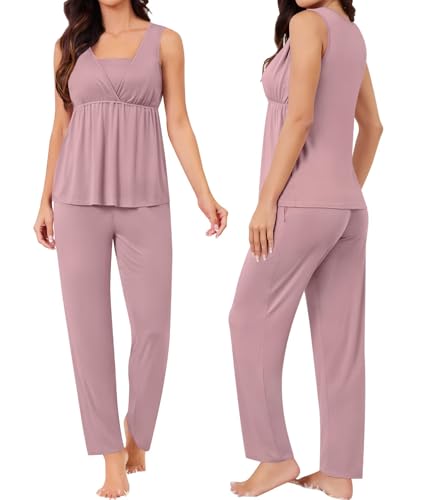 Image of SWOMOG Maternity Nursing Robe Set 3 Piece Breastfeeding Pajamas 3 in 1 Labor Delivery Sleevless Tops&Long Pants Pregnancy Pjs