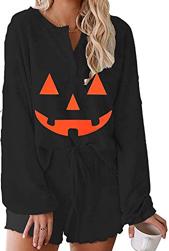 Image of Roshop Halloween Pajama Women's Pumpkin Matching Top & Shorts Loungewear Set