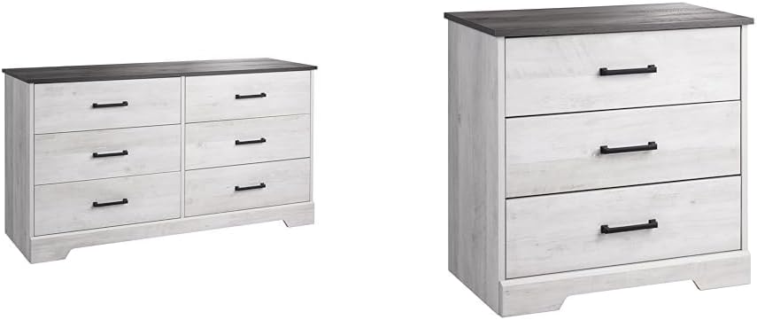 Prepac Rustic Ridge Farmhouse 6-Drawer Chest of Drawers for Bedroom & Rustic Ridge Farmhouse 3-Drawer Nightstand, Washed White, ADNR-1603-1