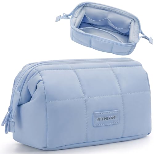 Image of Puffy Makeup Bag Travel Toiletry Bag, Waterproof Make Up Bag for Women, Lightweight Wide-open Cosmetic Bag with Multiple Compartments, Pouch Travel Essentials Toiletries, Blue