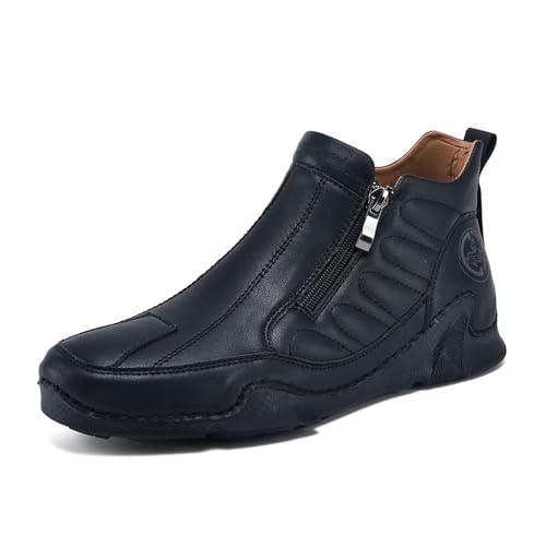 Image of Men's Leather Comfortable Slip on Chukka Ankle Boots Outdoor Lightweight Non-slip Side Zipper Flat Driving Shoes for Walking Hiking