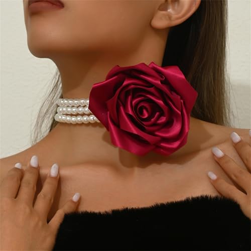 Chunky Large Rose Flower Pearl Necklace,Vintage Satin Fabric Camellia Choker Multi Layer Pearl Clavicle Statement Y2k Aesthetic Jewelry for Women4