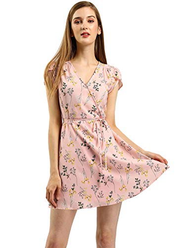 Allegra K Women's Boho Crossover V Neck Petal Sleeves Belted Floral Flowy Dress