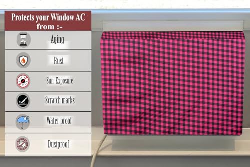 Image of The Furnishing Tree Elastic fit waterproof Polyester window ac cover suitable for Croma 1.5 Ton, Dustproof cover for inner and outer section, In CM: (62.23x66.04x43.18), Checkered Pattern Maroon