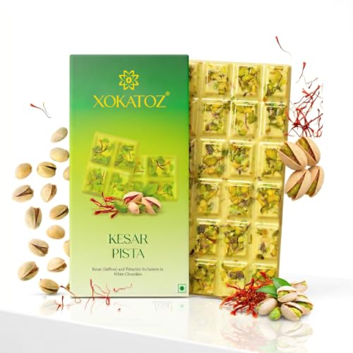 Image of XOKATOZ Exotic Premium Couverture Belgian Chocolate - 1 Kesar Pista Flavoured White Chocolate Bars - Gift Set - Pack of 1, 75g (75g x 1)
