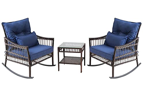 Outdoor Boho Stationary Wicker Rocking Chair 3 Pieces Patio Conversation Furniture Bistro Sets with Side Table and Cushions for Porch Garden and Balcony