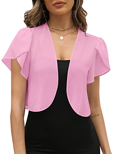 Afvetut Ladies Ruffle Short Sleeve Shrugs For Dress Cropped Chiffon Sheer Open Front Lightweight Cardigan Sweater Pink #TOP5