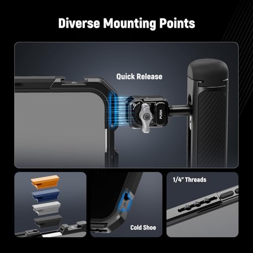 Image of NEEWER Phone Cage Compatible with iPhone 17 Pro, Quick Release Video Rig Stabilizer Accessories with 67mm Filter Ring, 17mm Lens Backplate, T Mount Adapter, 4X Camera Control Cap, PA143 (Black)