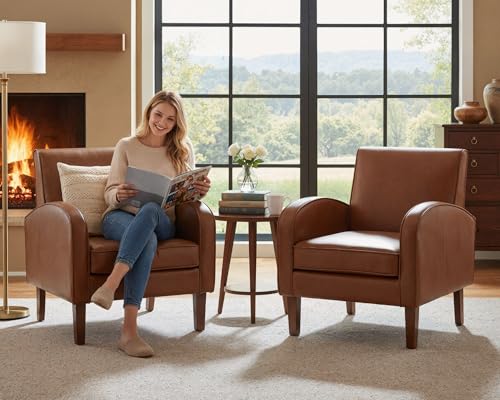 LIVINOVA Brown Faux Leather Accent Chairs Set of 2, Mid Century Modern Upholstered Arm Chairs with Wooden Legs, Comfy Reception Office Club Reading Side Lounge Chair for Living Room Bedroom - Thumbnail 3