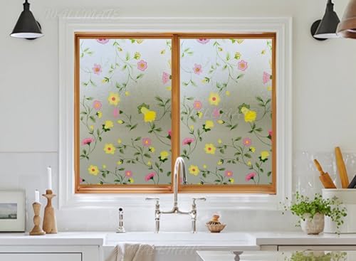 Image of WALLMATE Frosted Glass Window Film, Privacy Film for Glass Windows, Heat Blocking,Decorative Removable Indoor Frosting Clings for Bathroom (Bell Flower, 16X72)