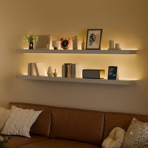 ONOTETUT 60 inch LED Gaming Floating Shelves for Wall,Solid Wood Long Wall Shelves Set of 2 with Light for Gaming Room,Gray Rustic Wall Mounted Shelves for Living Room Bedroom Kitchen Garage