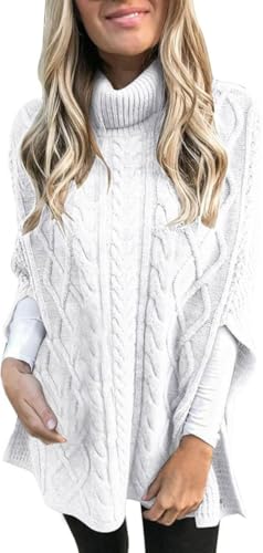 Womens Turtleneck Pullover Sweaters Chunky Cable Knit Sweater Fall Fashion Fit Side Slit Shawl Sweatershirt Tops (White,Large)