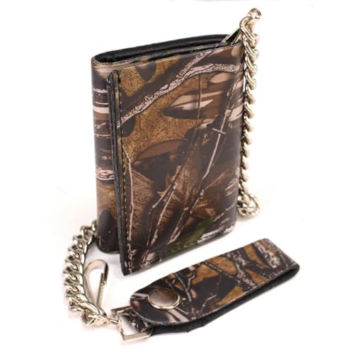 Milwaukee Leather MLW7804 Men's 4” Camouflage Tri-Fold Leather Biker Wallet w/Anti-Theft Stainless Steel Chain - 4 Inch