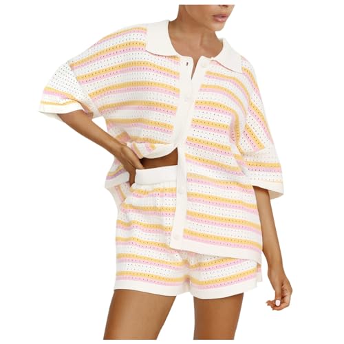 QJDFLL 2026 Ensembles pour Femmes Ensemble en Tricot rayé Couleur Bloc Bouton Haut et Short Deux pièces vêtements de détente(Or,M)