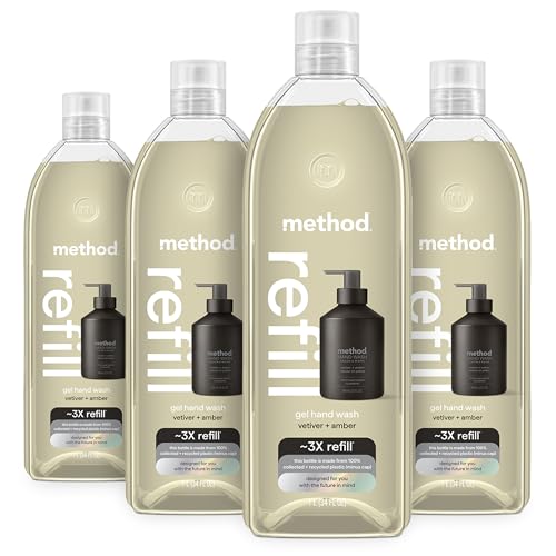 Method Premium Gel Hand Wash Refill Vetiver + Amber Recyclable Bottles 34 fl oz (Pack of 4) (Packaging May Vary)