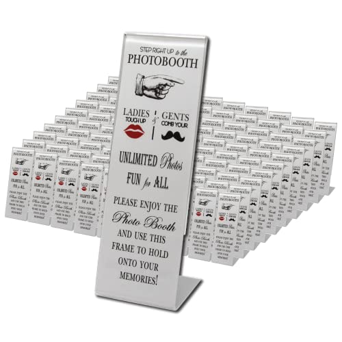 Photo Booth Nook - 100 Pack - 2 X 6 Inch Slanted Photo Booth Frames & Signs Holder, Clear Angled Tabletop Pic Display Stand - Wide Back Flap, Stable Base - Vertical Acrylic Picture Frame #TOP8
