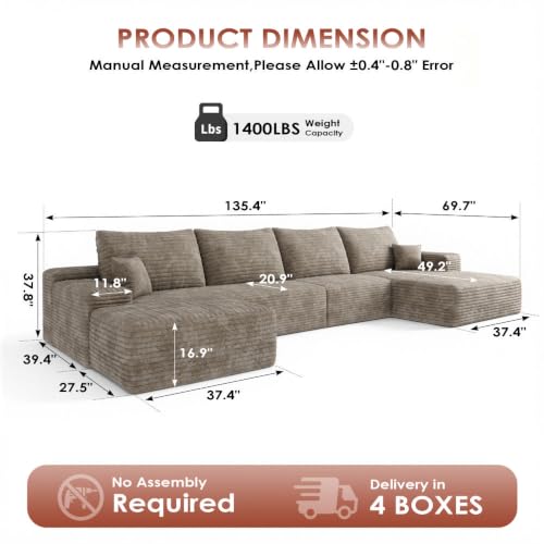 Image of Boneless Couch, Modular Sectional Couches for Living Room, U-Shaped Cloud Couch Sofa with Deep Seat, Fluffy Corduroy Upholstered Corner Sofa