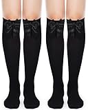 Syhood 2 Pairs Women's Satin Bow Knee High Socks, Elegant Long Socks for Costumes and Casual Wear(Black)
