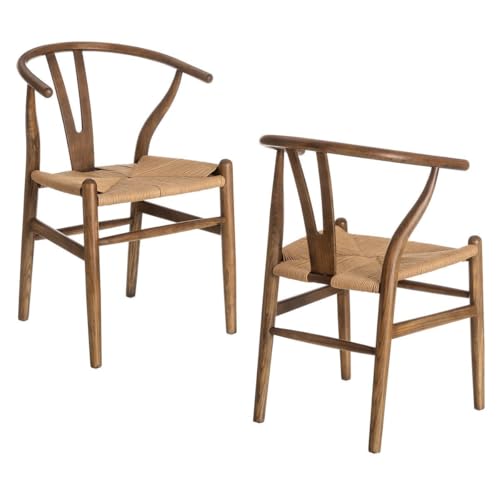 LOLAhome - Pack de 2 sillas de Comedor Ming de Madera de Olmo Color marrón Oscuro con Asiento de Cuerda de Fibra de Papel en Tono Natural
