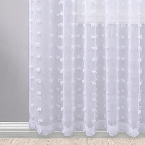 45 Inches Long White Sheer Curtains for Bedroom,Short Country Farmhouse Style Cute Pom Pom Kids Room Curtain for Bathroom Kitchen Window Set of 2 Panels by KOUFALL - Image 5