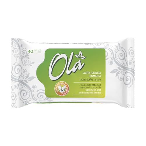 OLA Carta Igienica Inumidita con Estratto di Camomilla e Acido Lattico Usa e Getta - Combinazione di Carta Inumidita e Salvietta Umidificata - Pelli Sensibili - 40 Pz