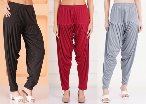Image of Buy That Trendz Combo Offer (Pack of 3) Cotton Viscose Lycra Dhoti Patiyala Salwar Harem Bottoms Pants for Womens (White, Maroon, Black)