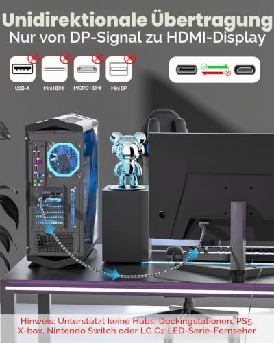 Nersligek 4K DisplayPort-auf-HDMI-Kabel, Unidirektionales DP-auf-HDMI-Stecker-auf-Stecker-Kabel UHD 4k@30Hz, 2k@60Hz… – Ansicht 2