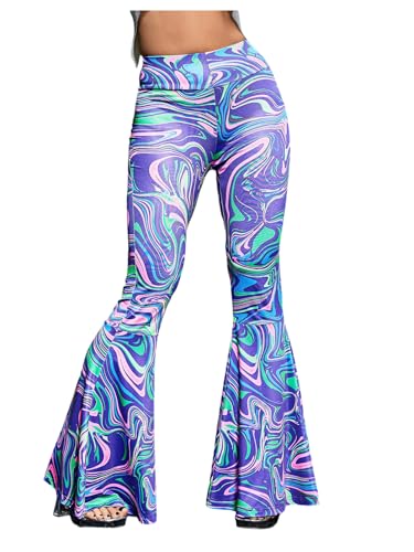 Floerns Women's Marble Flare Leg Pants Elastic Waist Reflective Music Festival Y2k Pants Purple Multi Large