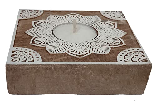 Image of Purpledip Wooden T Light Candle Holder: Unique Printing Block Rangoli Design (12509)