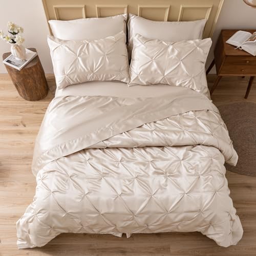 MR&HM Satin Comforter Full 7 Pieces - Luxurious Pinch Pleat Bedding Set with Comforter, Flat Sheet, Fitted Sheet, Pillowcases & Shams, Super Silky Soft Bed Set for All Season (Full, Beige)