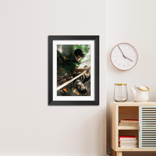 Image of TenorArts Levi Ackerman Posters Attack on Titan Anime Poster Laminated Photo Frame Painting with Matt Finish Black Textures (12inches x 9inches)