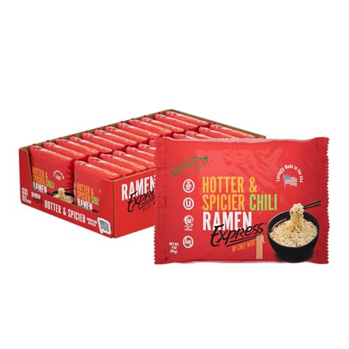 RAMEN EXPRESS Hotter & Spicier Chili Ramen Noodle Packs, 3 Oz Each (Pack of 24) by Chef Woo | Vegetarian |Halal | Egg-Free and Dairy-Free Red, Red, 3 Ounce (Pack of 24)
