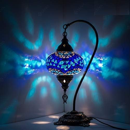 Turkish Mosaic Table Lamp,Stunning Moroccan Style, Unique Globe Lampshade, Swan Neck Series (Blue Strips)