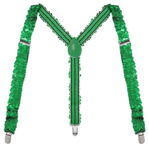 NGUP St Patrick's Day Sequin Suspenders for Men Outfit Vest Irish T-shirt Accessories Party Supplies Glitter Lucky Suspender Funny Stretch Y Back with Metal Clips Saint Pattys Paddys Day