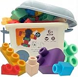 WaBee Baby Big Soft Building Blocks for Toddlers 1-3 Year Olds - 50 Pieces in Storage Bin on Wheels - STEM Large Squishy Rubber Blocks for Sensory & Motor Skills - Montessori Stacking Baby Toys