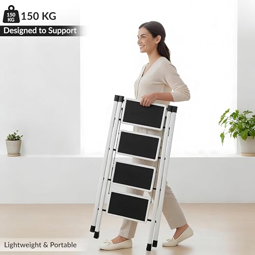 Image of Plantex 4 Step Ladder for Home Use /Wide Anti-Slip Heavy-Duty Step Stool /Lightweight Kitchen Ladder 4 Step (White)
